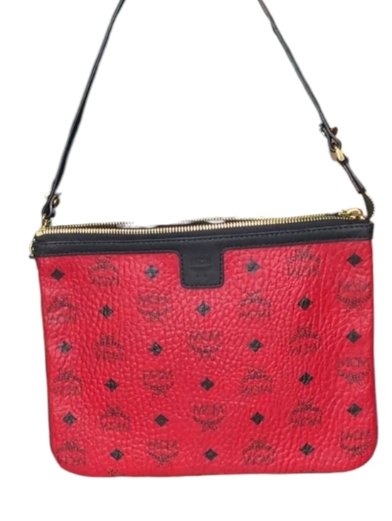 MCM Handbags - MCM Red Visetos Coated Canvas Zip Wristlet Clutch Pouch Black Trim Gold Hardware